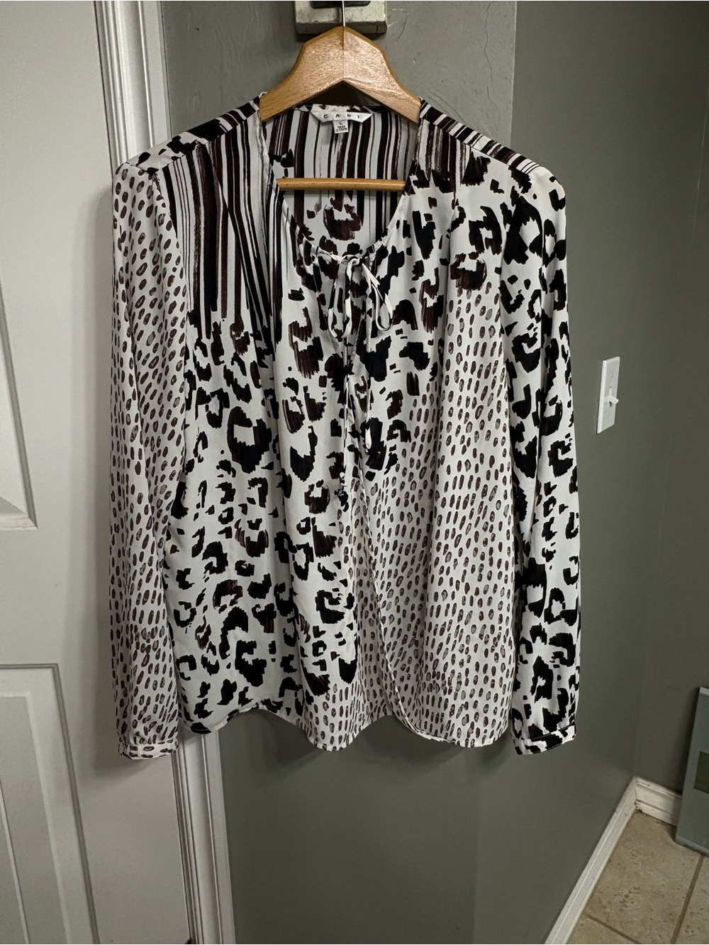 CAbi White/Black Animal Print Tie-Neck Blouse